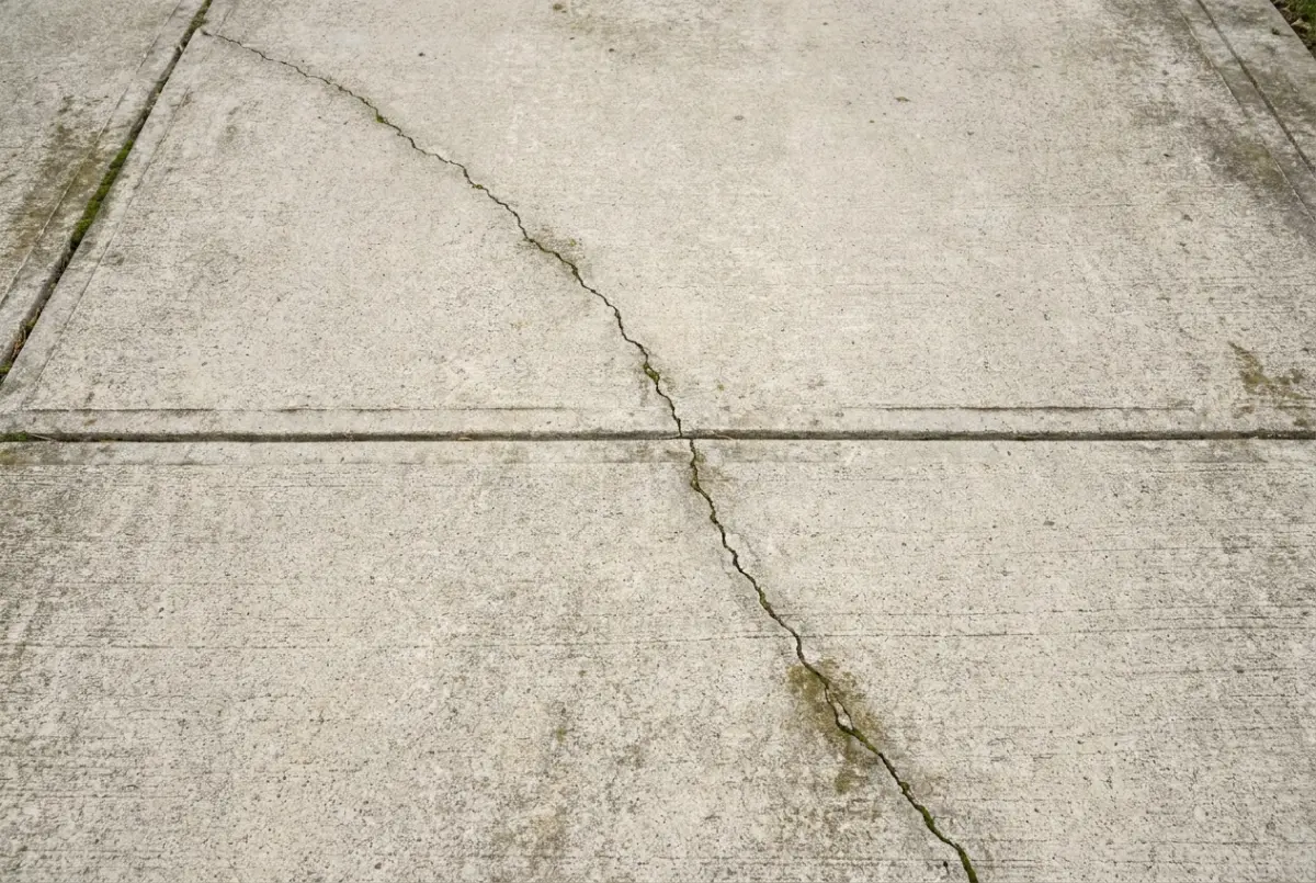 Hairline crack running across a broom-finished concrete slab beside a tooled control joint